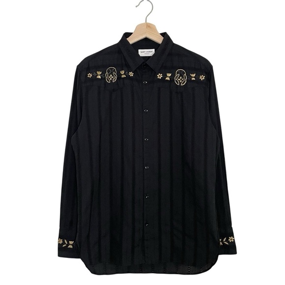 Saint Laurent Other - Saint Laurent Slim Fit Tonal Stripe Floral Embroidered Cotton Shirt Black 43